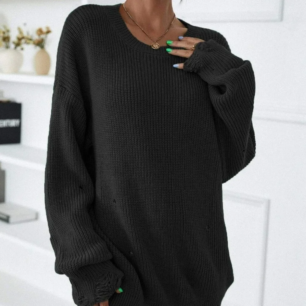 Casual Ripped Distressed Sweater Dress Black - Picture 5 of 5
